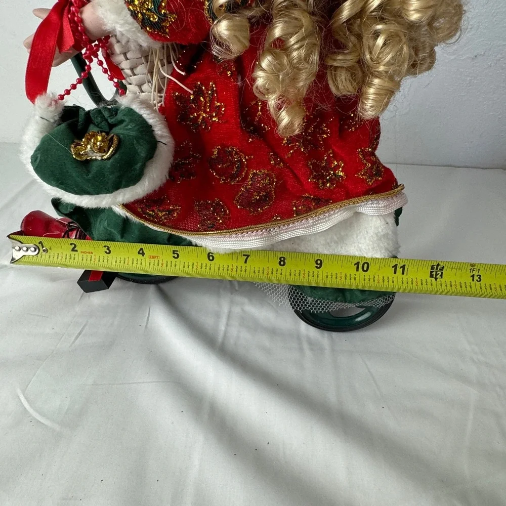 Vintage Porcelain Christmas Doll on Tricycle Red Velvet Gold Glitter 16‎ inch